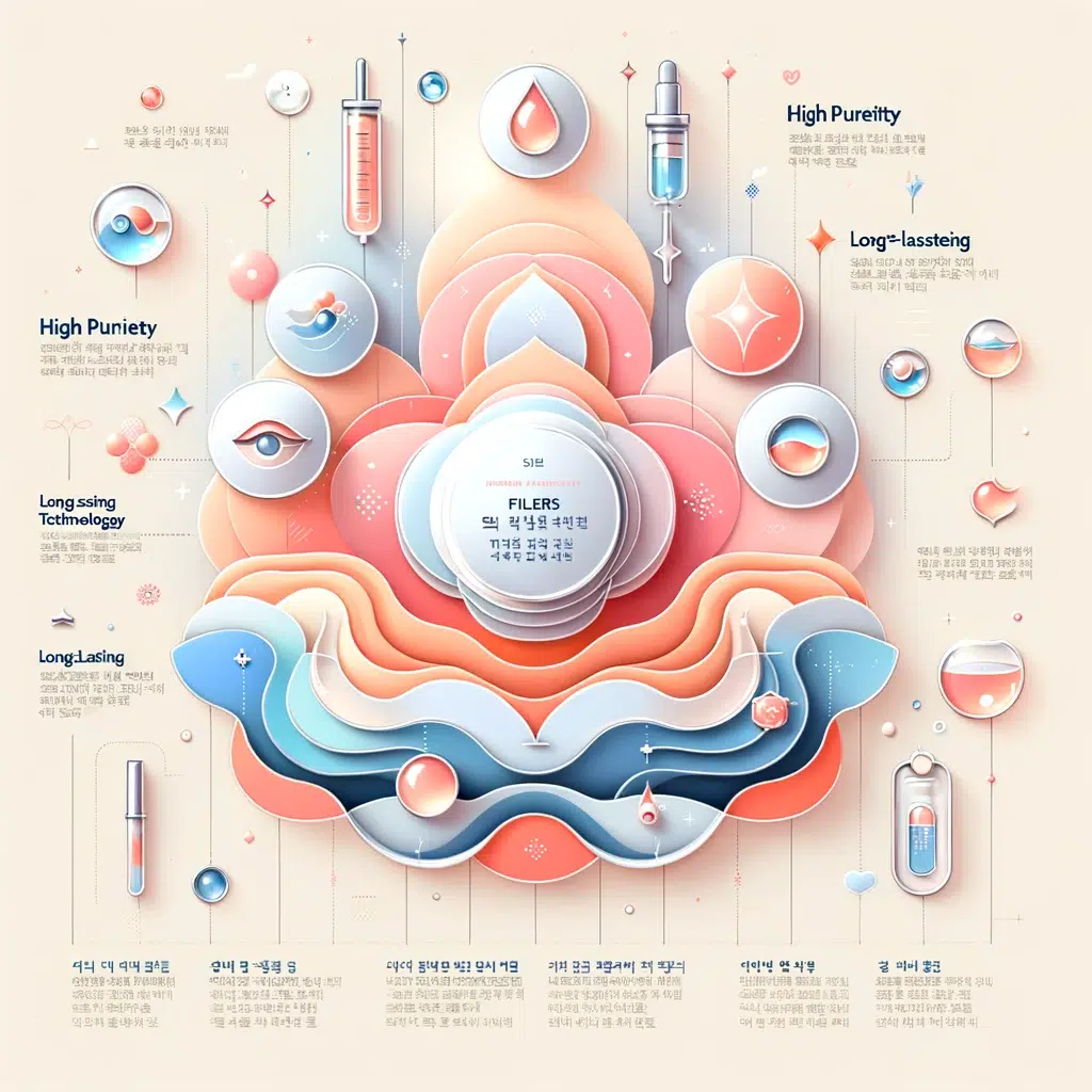 Infographic highlighting the unique features of Korean fillers in the aesthetic market, such as high purity, innovative technology, long-lasting results, and natural look, set against a background of traditional Korean patterns in a modern design.