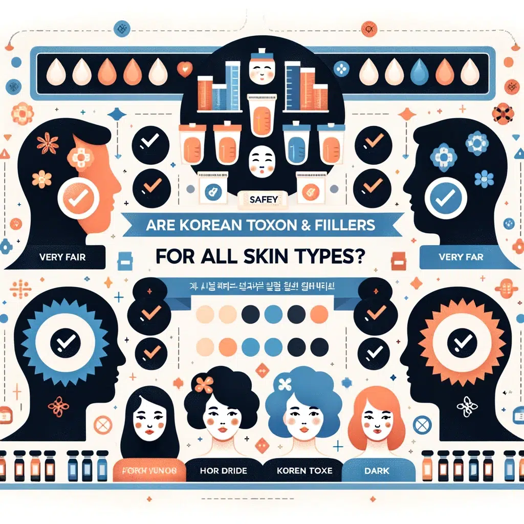 Educational infographic addressing the safety of Korean toxins and fillers for all skin types, with icons representing diverse skin tones and safety symbols, set against a background of Korean heritage elements.